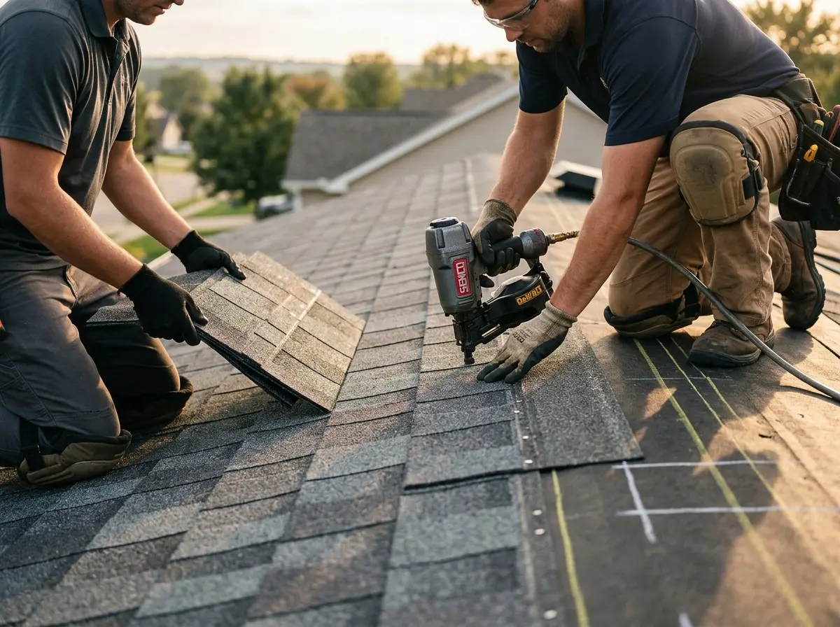 Professional roofer working on a residential roof in Baxter Village